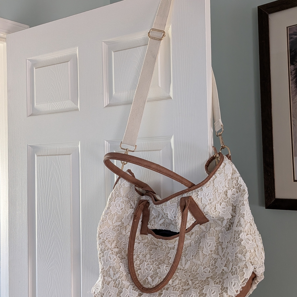 Merona Lace Shoulder Bag in Cream and Brown